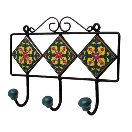 Green Floral Ceramic Tiles Hooks-465 (Set Of Ine Piece)